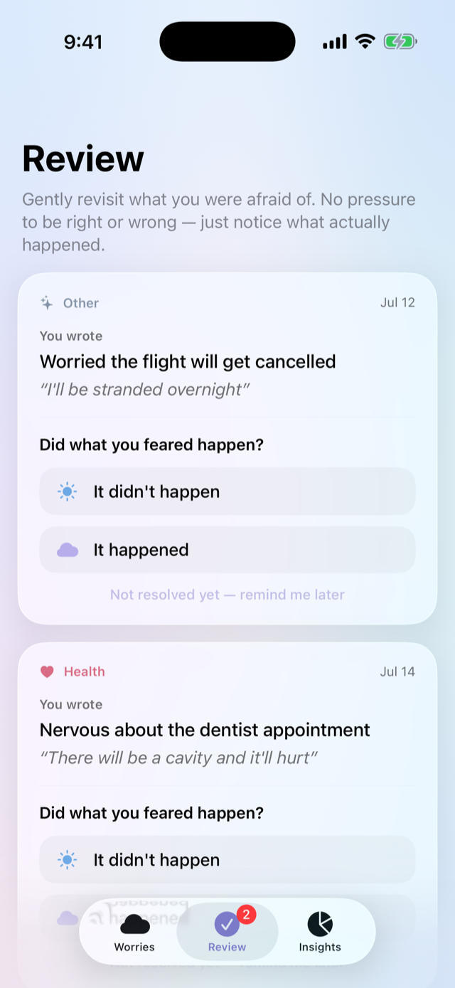 Aftersky's Review screen, gently asking whether what you feared actually happened.
